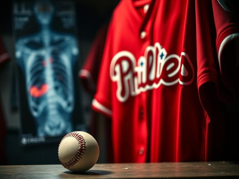 Flick International Close-up of Philadelphia Phillies baseball jersey in a locker room symbolizing Zack Wheeler's injury
