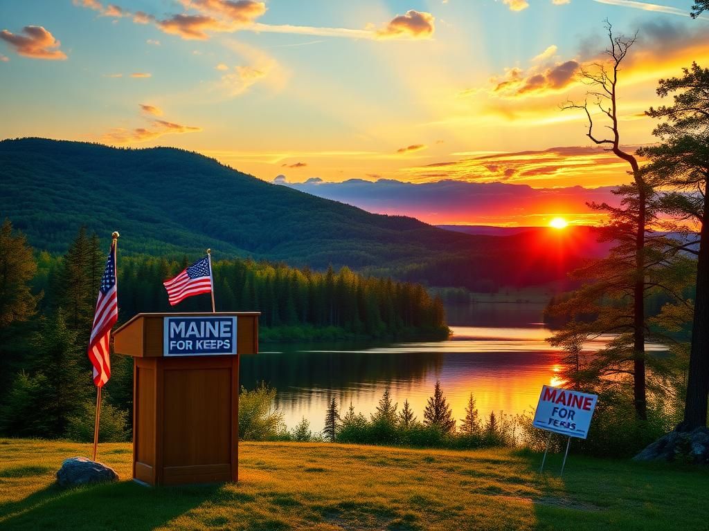 Flick International Serene landscape of Maine with lush forests and a tranquil lake reflecting a sunset, featuring a wooden podium and political paraphernalia