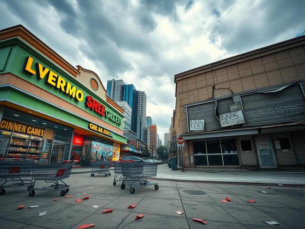 Flick International A cityscape featuring a vibrant upscale supermarket contrasting with a dilapidated government-run grocery store