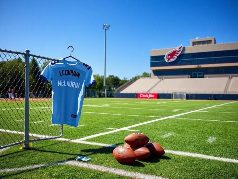 Flick International A vibrant football training camp scene illustrating the absence of wide receiver Terry McLaurin with an oversized jersey hanging on a fence