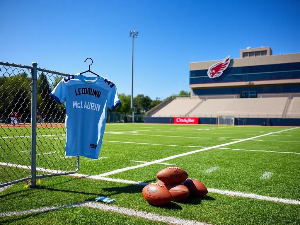 Flick International A vibrant football training camp scene illustrating the absence of wide receiver Terry McLaurin with an oversized jersey hanging on a fence