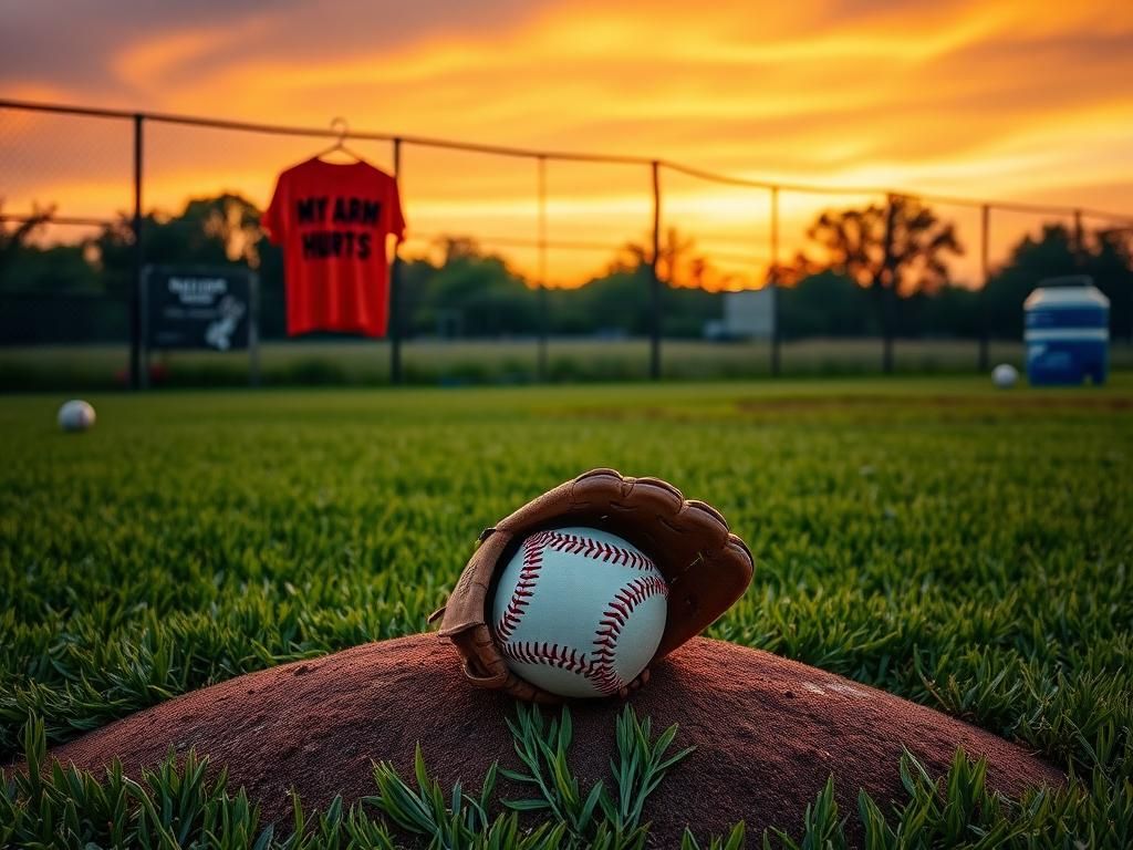 Flick International Vibrant baseball field at sunset with a T-shirt reading 'My Arm Hurts'