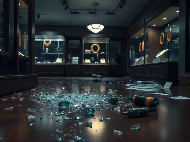 Flick International Shattered glass on a polished wooden floor after a midday jewelry heist in Seattle