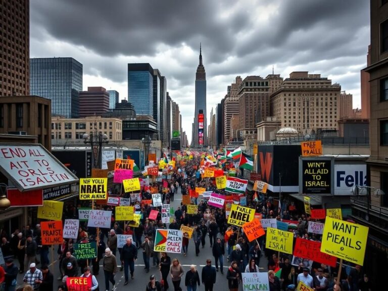 Flick International Aerial view of thousands of protest signs in midtown Manhattan during a large demonstration.