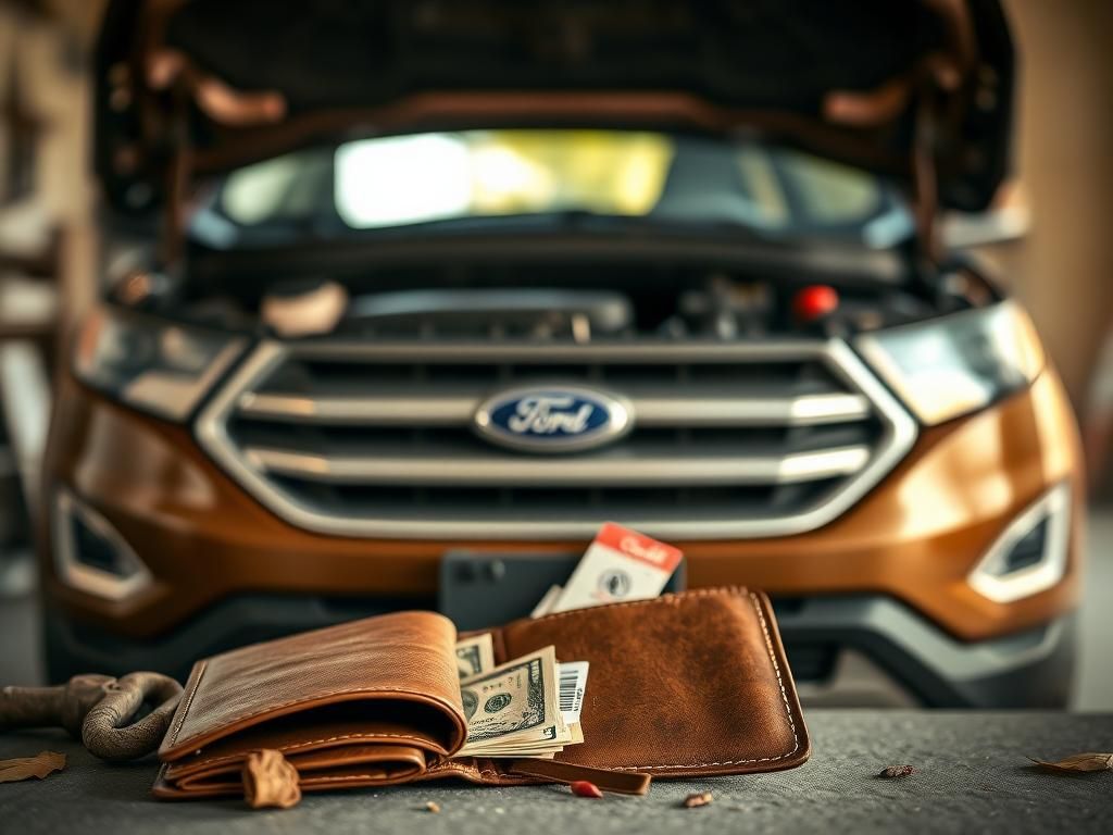 Flick International Open hood of a 2015 Ford Edge revealing a brown leather wallet next to tools
