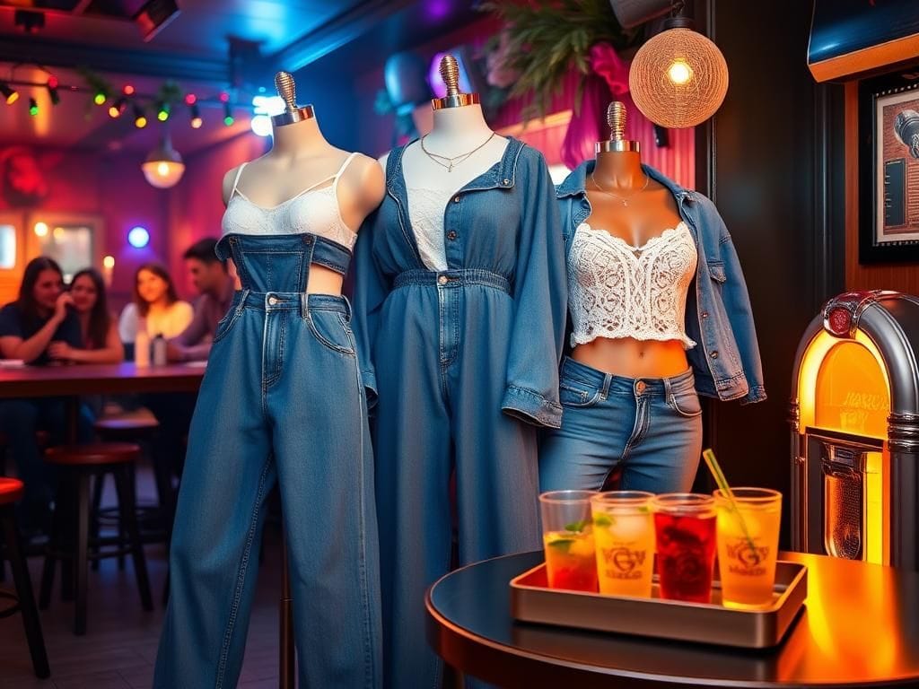 Flick International Sydney Sweeney showcasing vibrant blue jeans and a stylish denim outfit in a lively bar setting