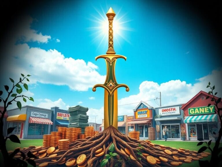 Flick International A powerful, artistic representation of a sword made of money under a bright blue sky symbolizing financial empowerment.