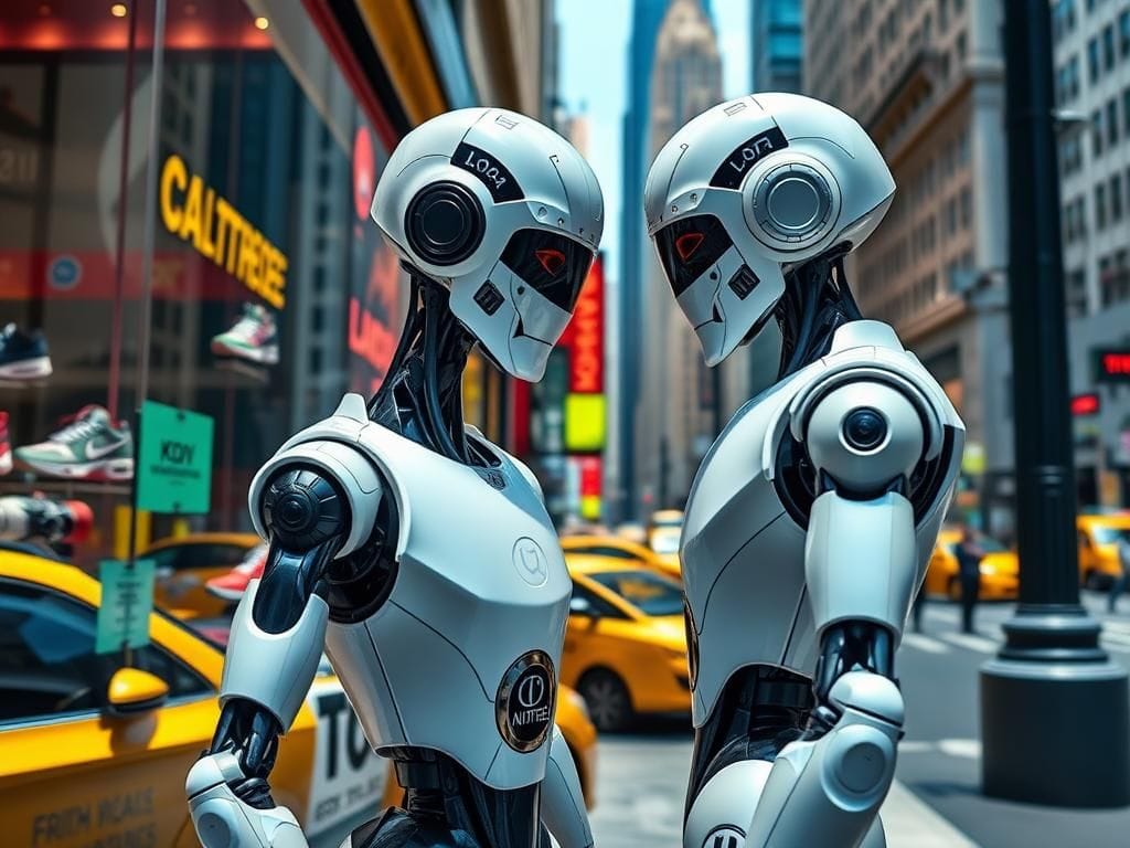 Flick International Humanoid robot Unitree R1 examines colorful sneakers outside a Fifth Avenue store