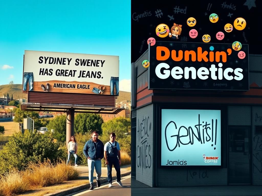 Flick International A split-screen image showing contrasting advertising scenes featuring American Eagle and Dunkin’.