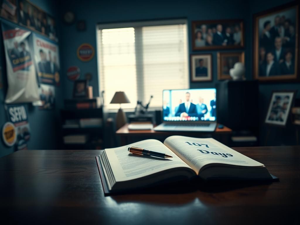 Flick International A somber office scene filled with campaign memorabilia and an open book titled '107 Days'.