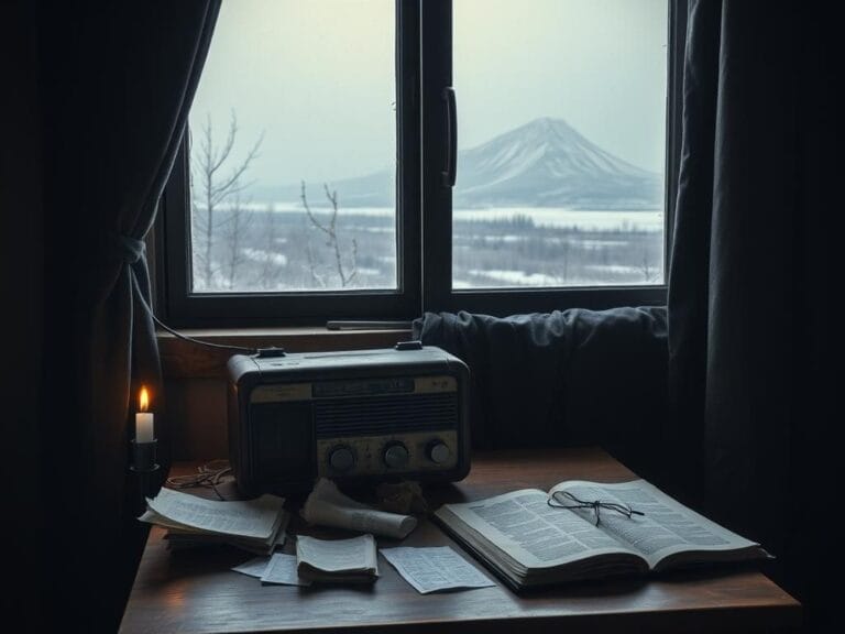 Flick International dimly lit room with an old radio surrounded by torn Bible pages and a flickering candle