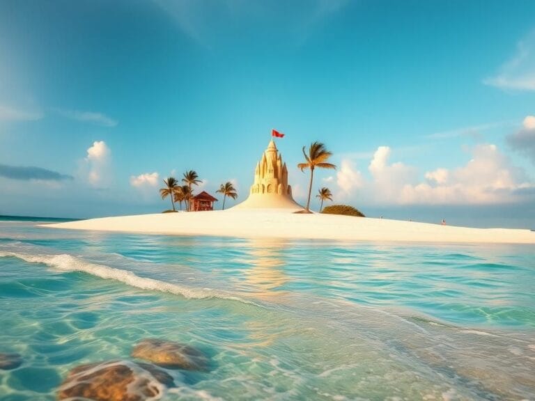 Flick International Serene beach scene at Carnival's Celebration Key, showing gentle waves and a vibrant coral reef.