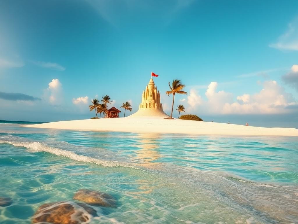 Flick International Serene beach scene at Carnival's Celebration Key, showing gentle waves and a vibrant coral reef.