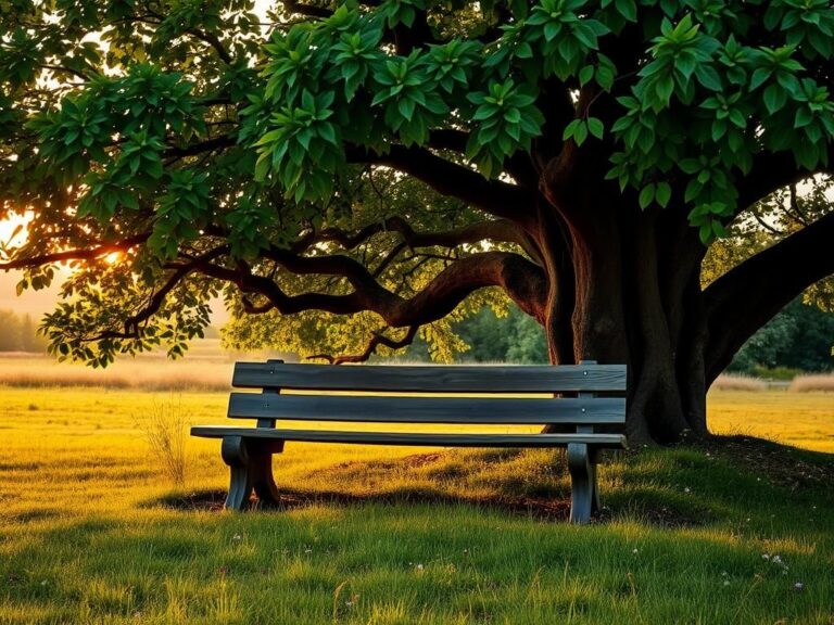 Flick International Serene outdoor scene featuring a rustic wooden bench under a large tree
