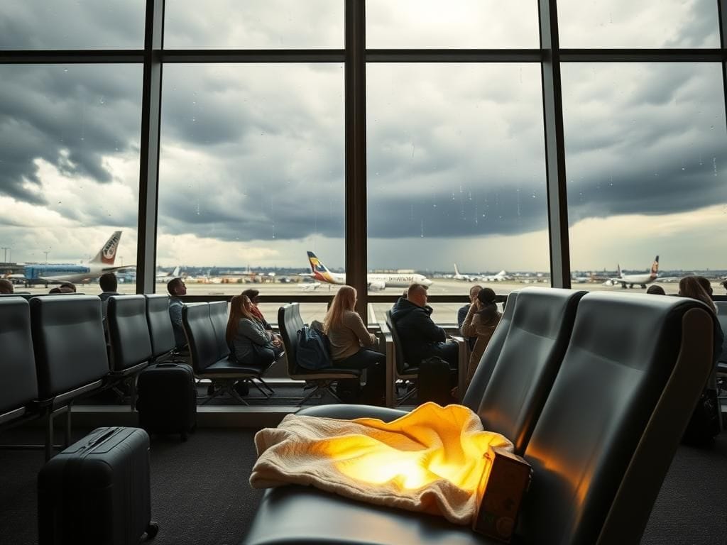 Flick International A serene airport scene at Chicago O'Hare with a cozy corner and stormy weather outside
