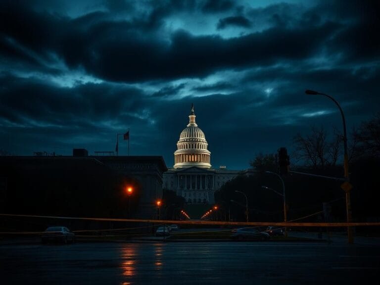 Flick International Dark cityscape of Washington, D.C. at twilight with Capitol building silhouette