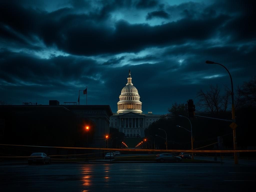 Flick International Dark cityscape of Washington, D.C. at twilight with Capitol building silhouette