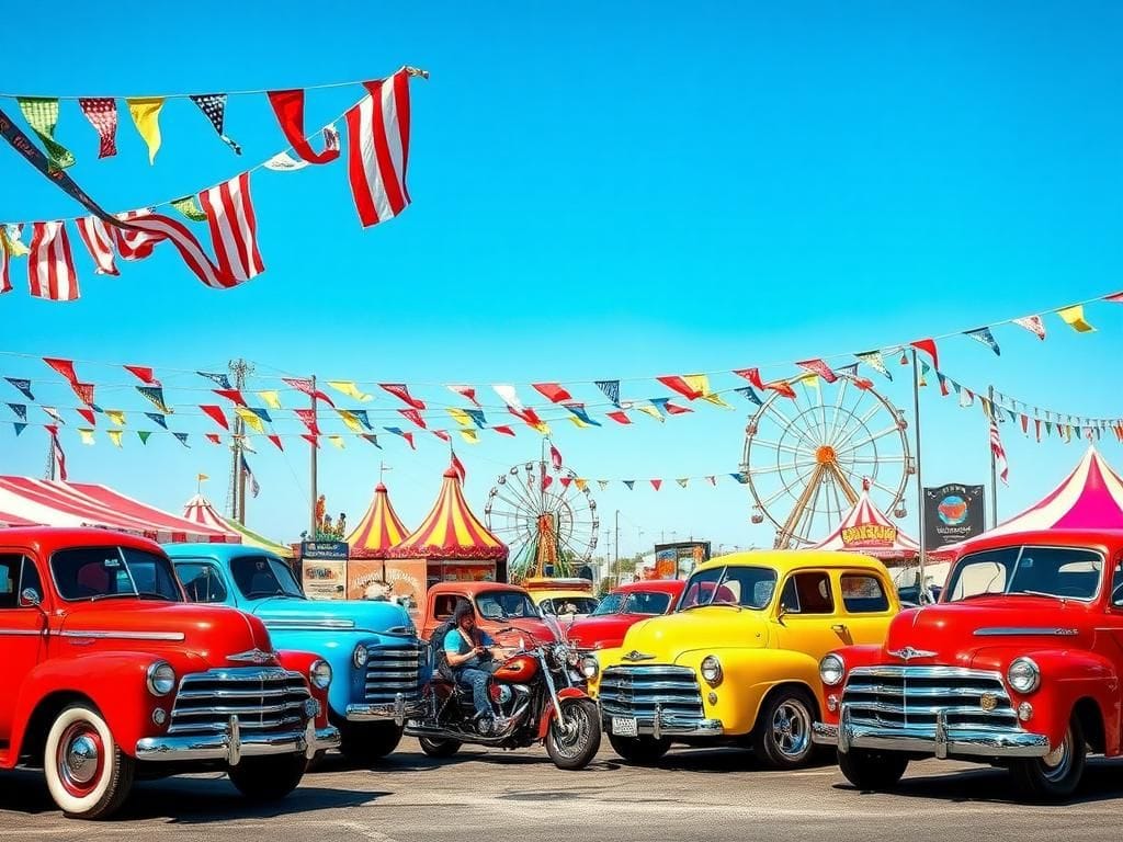 Flick International A vibrant carnival scene featuring colorful vintage vehicles including classic cars, trucks, and motorcycles.