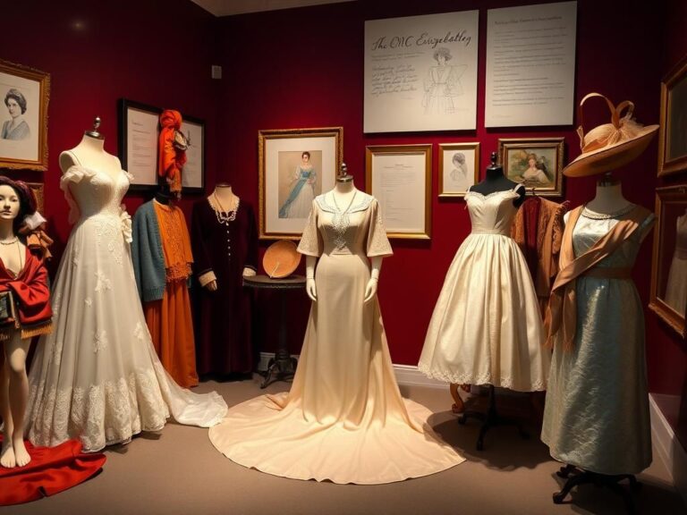 Flick International Display of Queen Elizabeth II's iconic vintage wedding dress and coronation gown in a regal exhibition setting