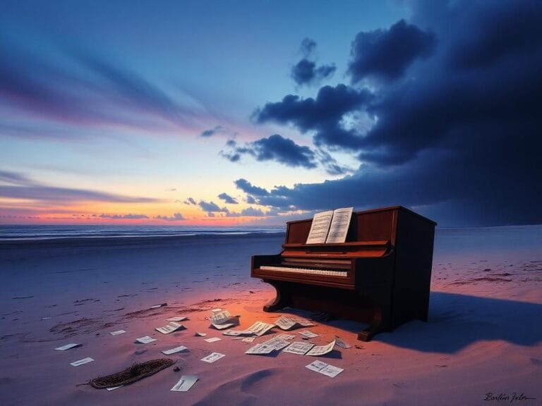 Flick International Deserted beach at twilight with an abandoned piano symbolizing lost creativity