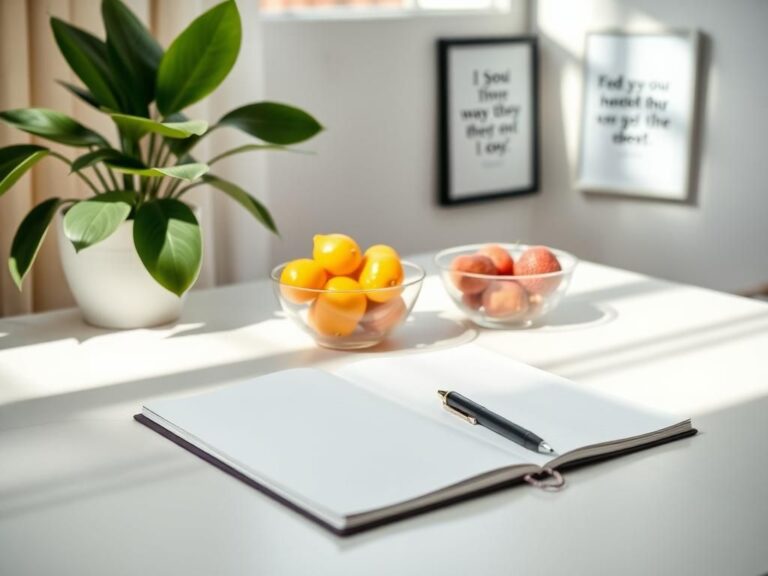 Flick International A serene minimalist workspace with an inviting desk, open notebook, and sleek pen, symbolizing productivity and motivation.