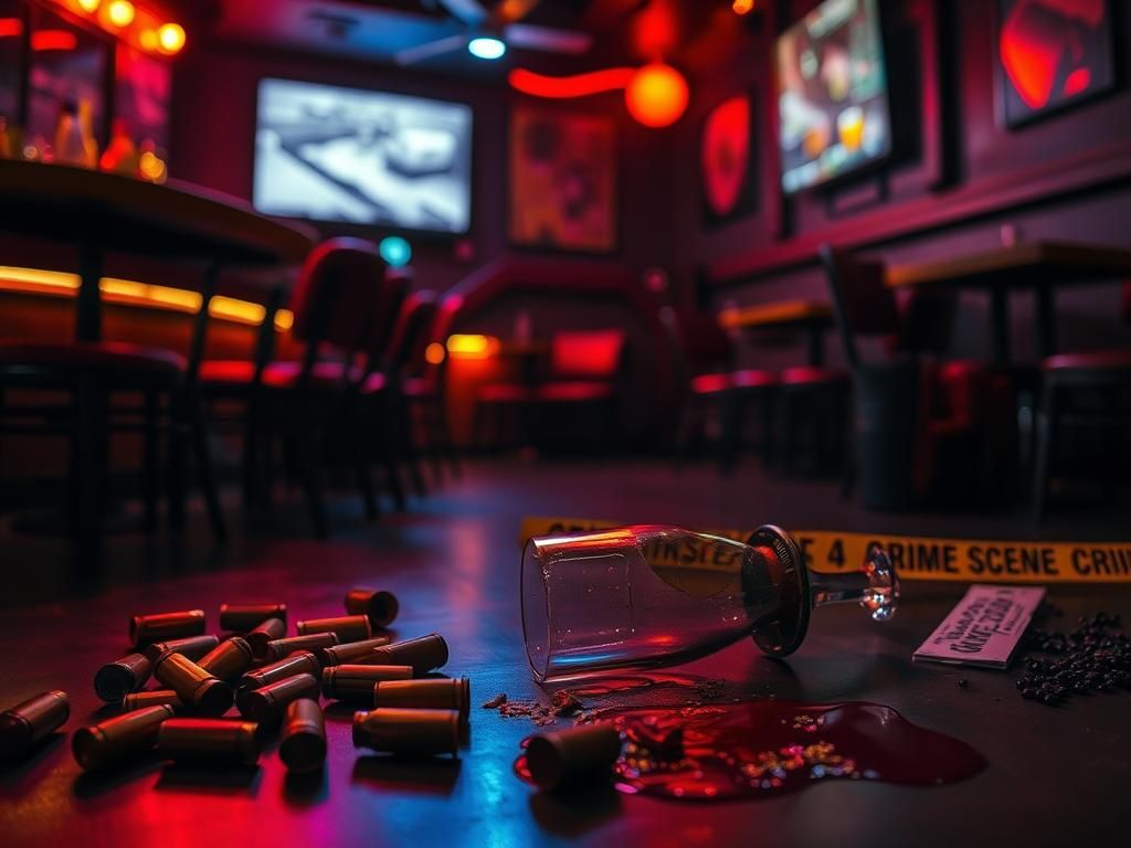Flick International Dimly lit urban lounge scene in Brooklyn showing shell casings and a shattered wine glass