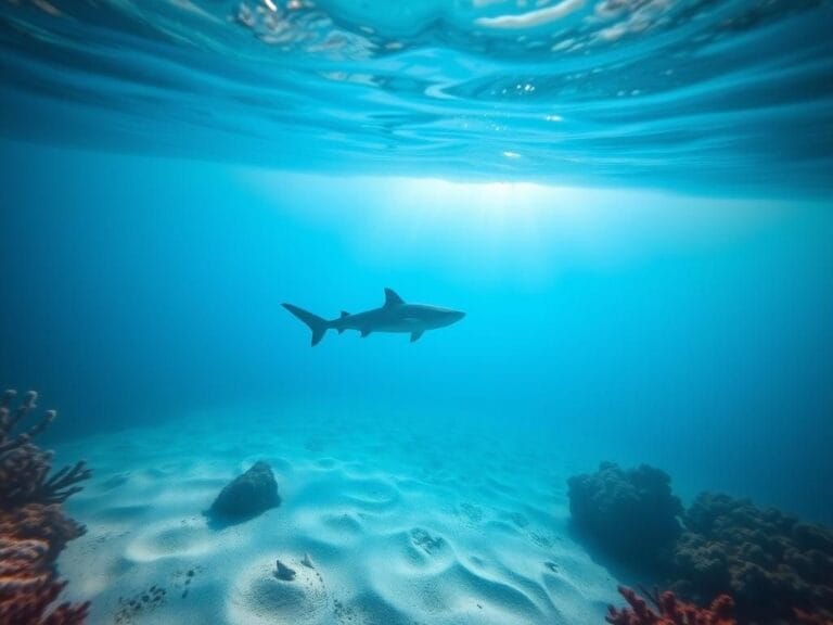 Flick International Underwater scene in Puerto Rico showing a shark near coral reefs