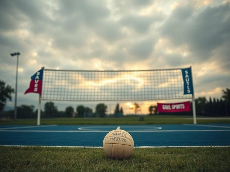 Flick International An empty volleyball court with a cloudy sky and a volleyball resting on the court
