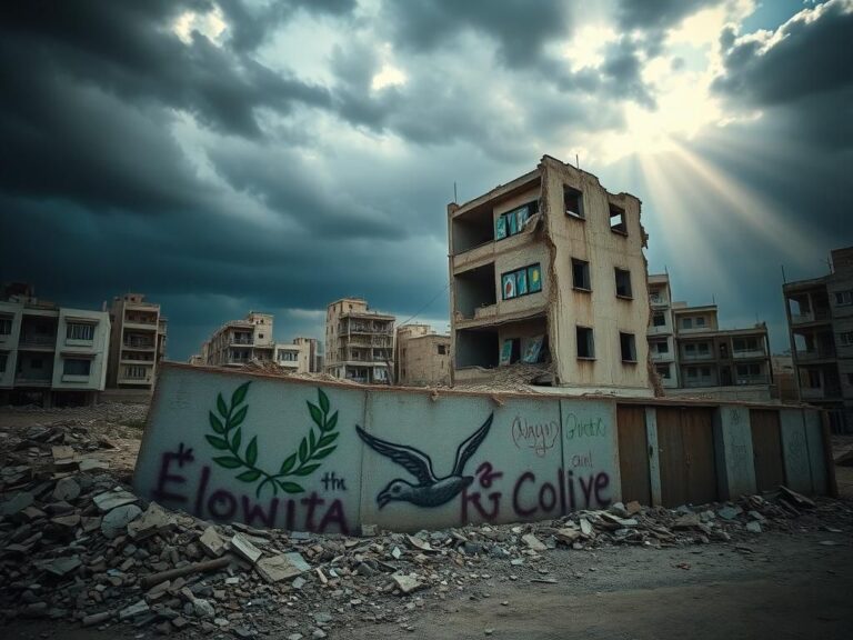 Flick International A desolate urban landscape in Gaza with crumbling buildings and vibrant graffiti symbolizing hope amidst chaos