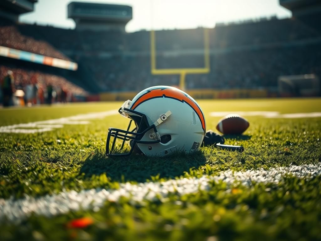 Flick International Helmet lying on the football field after Quentin Johnston's concussion hit