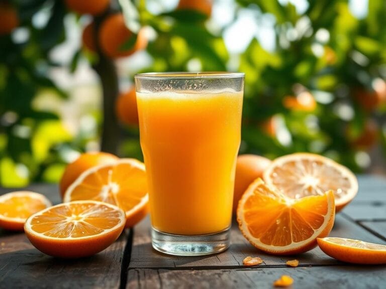 Flick International Close-up of freshly squeezed orange juice in a clear glass on a rustic wooden table