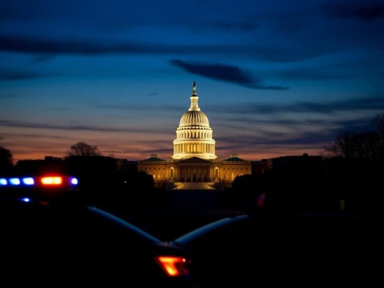 Flick International Dramatic view of the Washington, D.C. skyline at dusk with police vehicle and Capitol building