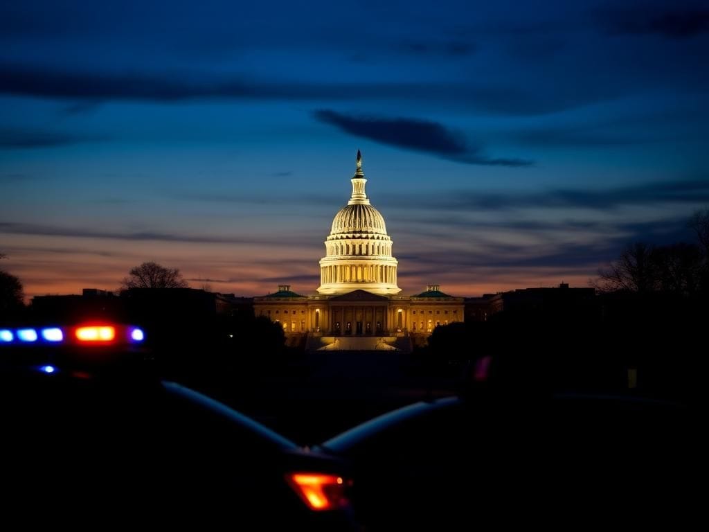Flick International Dramatic view of the Washington, D.C. skyline at dusk with police vehicle and Capitol building