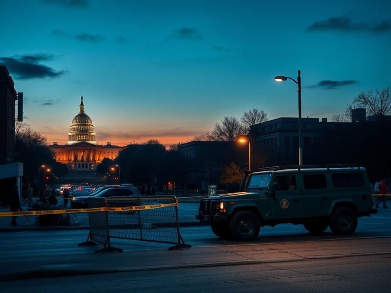 Flick International Dramatic dusk scene of Washington, D.C. showcasing the Capitol Building and the White House amidst signs of recent urban unrest.