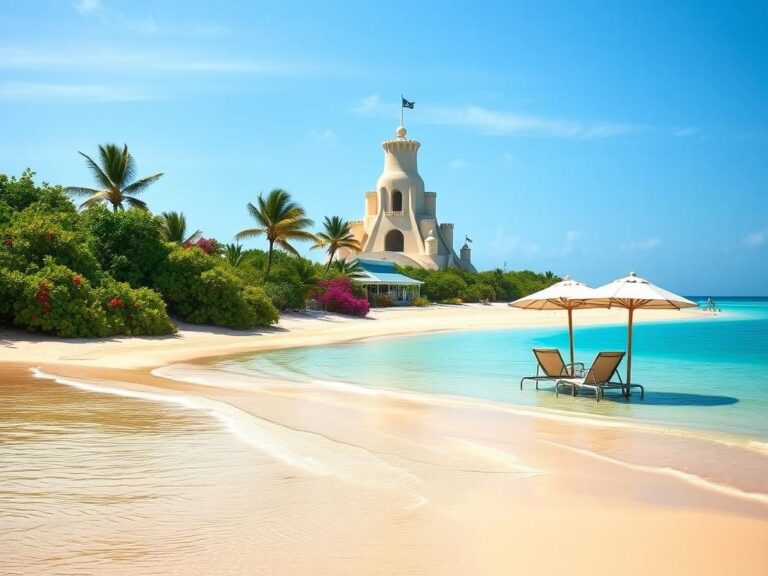 Flick International A serene beach scene at Carnival's Celebration Key with sandcastle and calm lagoon