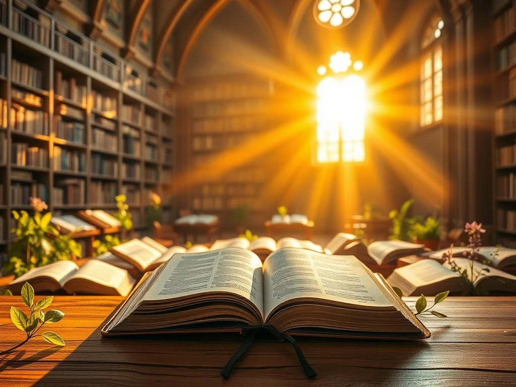 Flick International Serene landscape of an ancient library filled with open Bibles, symbolizing spiritual discovery