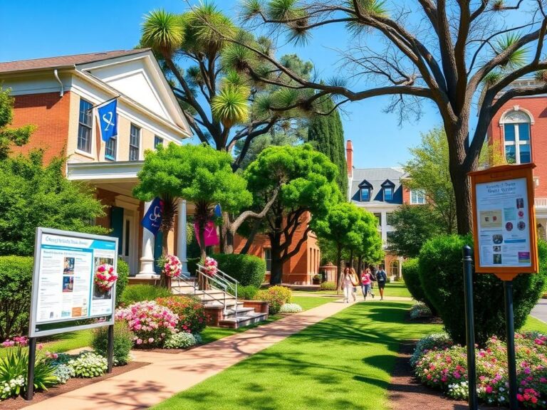 Flick International Vibrant college campus scene during sorority rush season with a stately house adorned in colorful banners