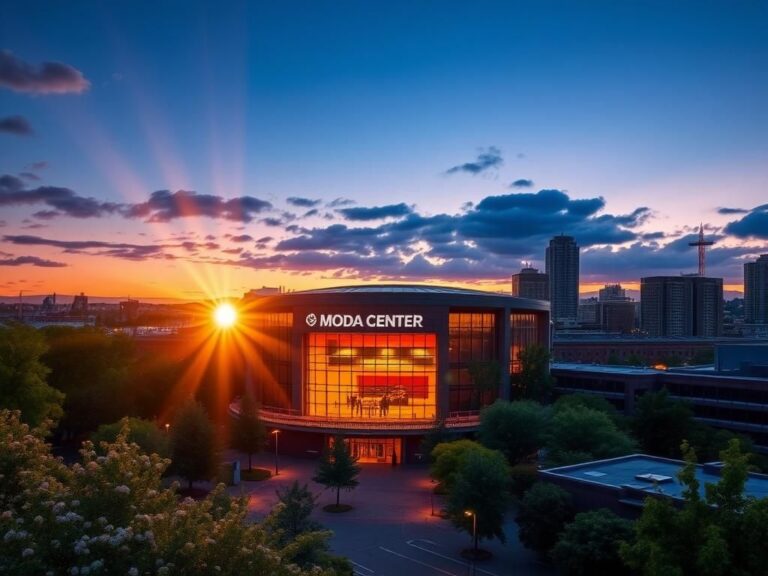 Flick International A vibrant twilight scene of Portland's Moda Center symbolizing spiritual revival.