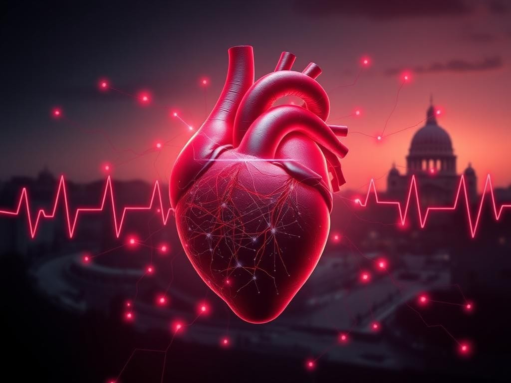 Flick International Intricate network of the human heart surrounded by glowing electrical signals