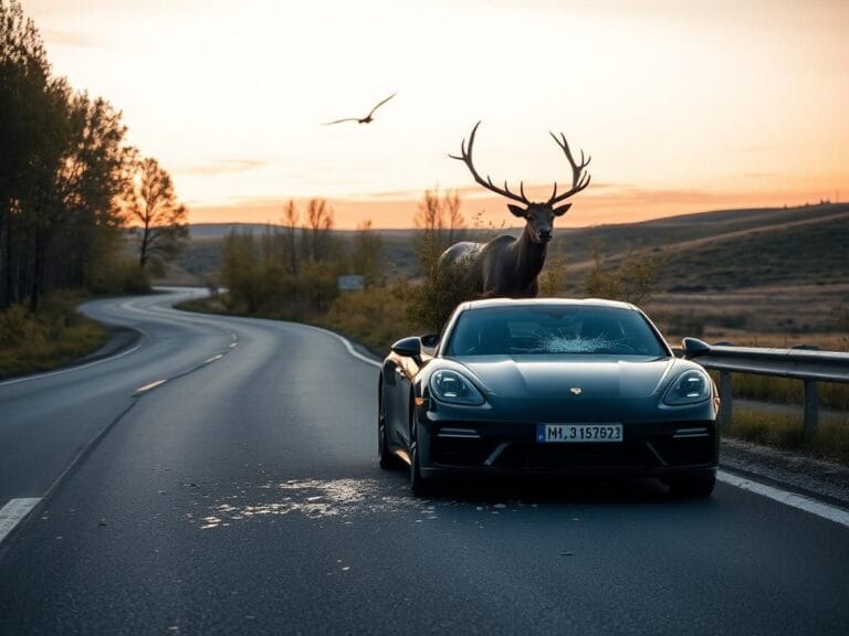 Flick International Shattered windshield of a Porsche Panamera with an elk nearby on a lush Russian highway