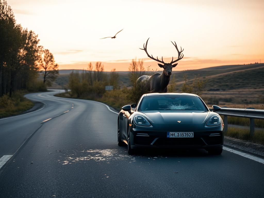 Flick International Shattered windshield of a Porsche Panamera with an elk nearby on a lush Russian highway