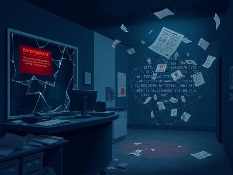 Flick International A digital illustration depicting a broken hospital scene representing a ransomware attack on DaVita healthcare.