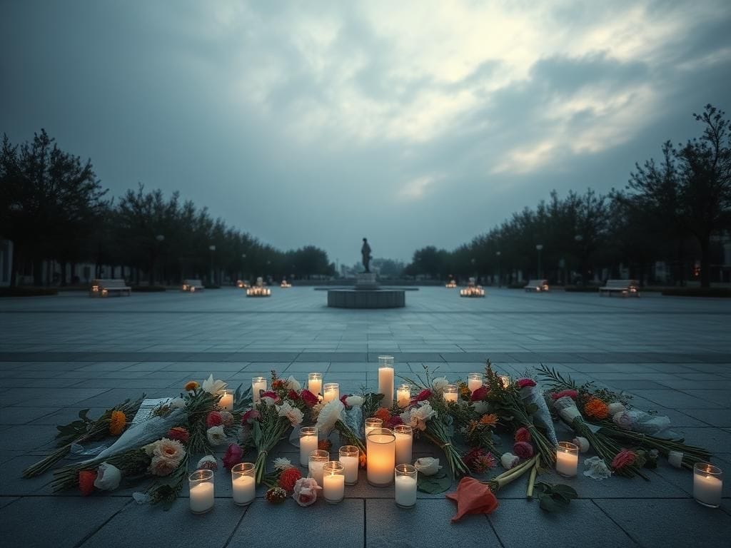 Flick International A somber scene in Hostages Square, Tel Aviv, filled with flowers and candles for the victims of the October 7 Hamas attack.