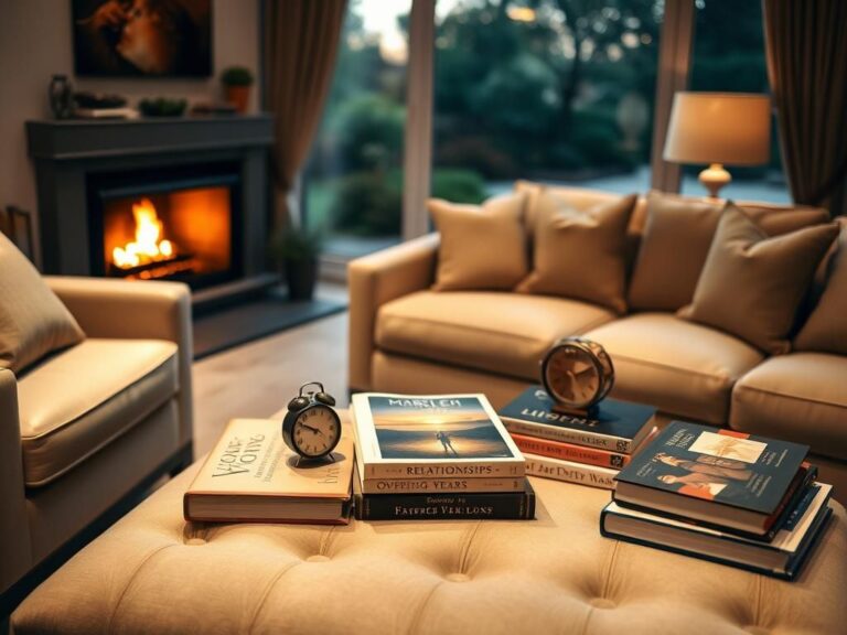 Flick International A serene living room showcasing a plush couch and coffee table with relationship-themed books