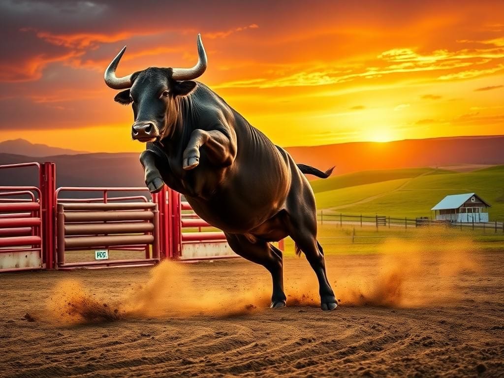 Flick International Majestic bucking bull in mid-action showcasing strength and agility