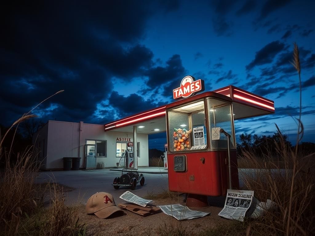 Flick International A dimly lit abandoned gas station in Texas with a vintage candy machine and signs of neglect