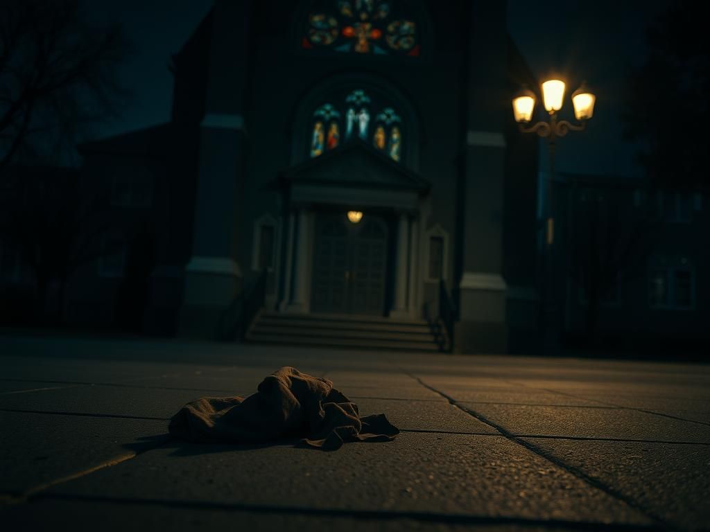 Flick International Dimly lit sidewalk outside Nashville Life Church with crumpled clothing, hinting at a tragic event.