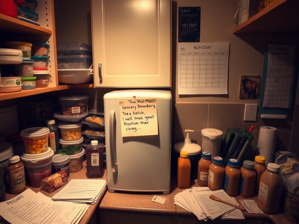 Flick International A locked mini-fridge in a cluttered apartment kitchen filled with food containers and grocery lists