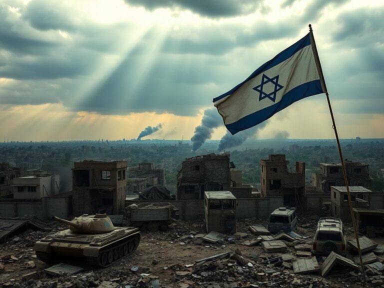 Flick International Aerial view of war-torn Gaza City with crumbling buildings and smoke rising