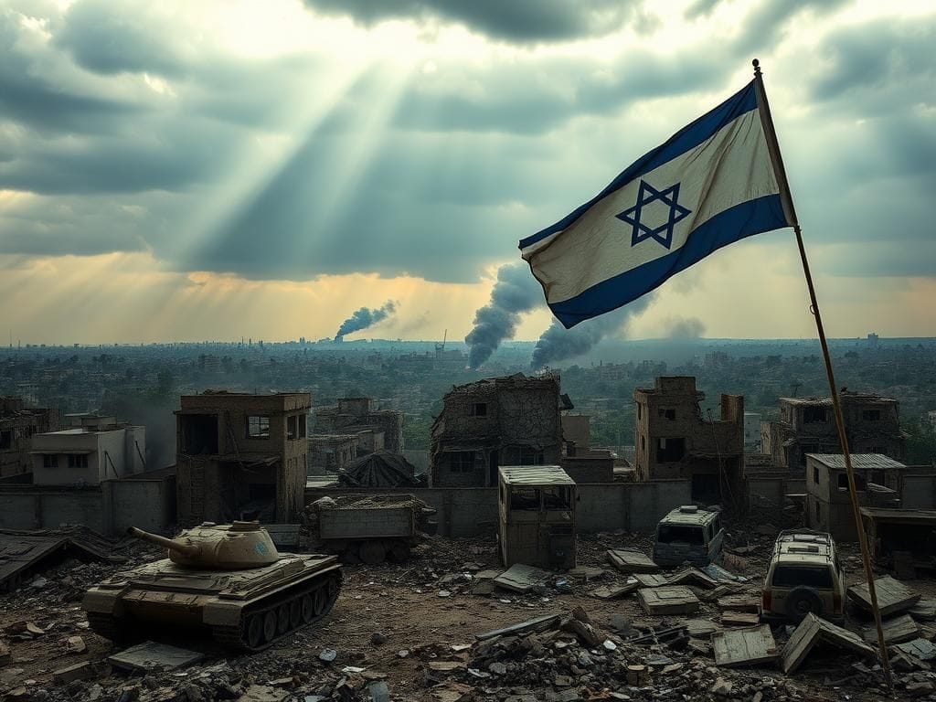 Flick International Aerial view of war-torn Gaza City with crumbling buildings and smoke rising